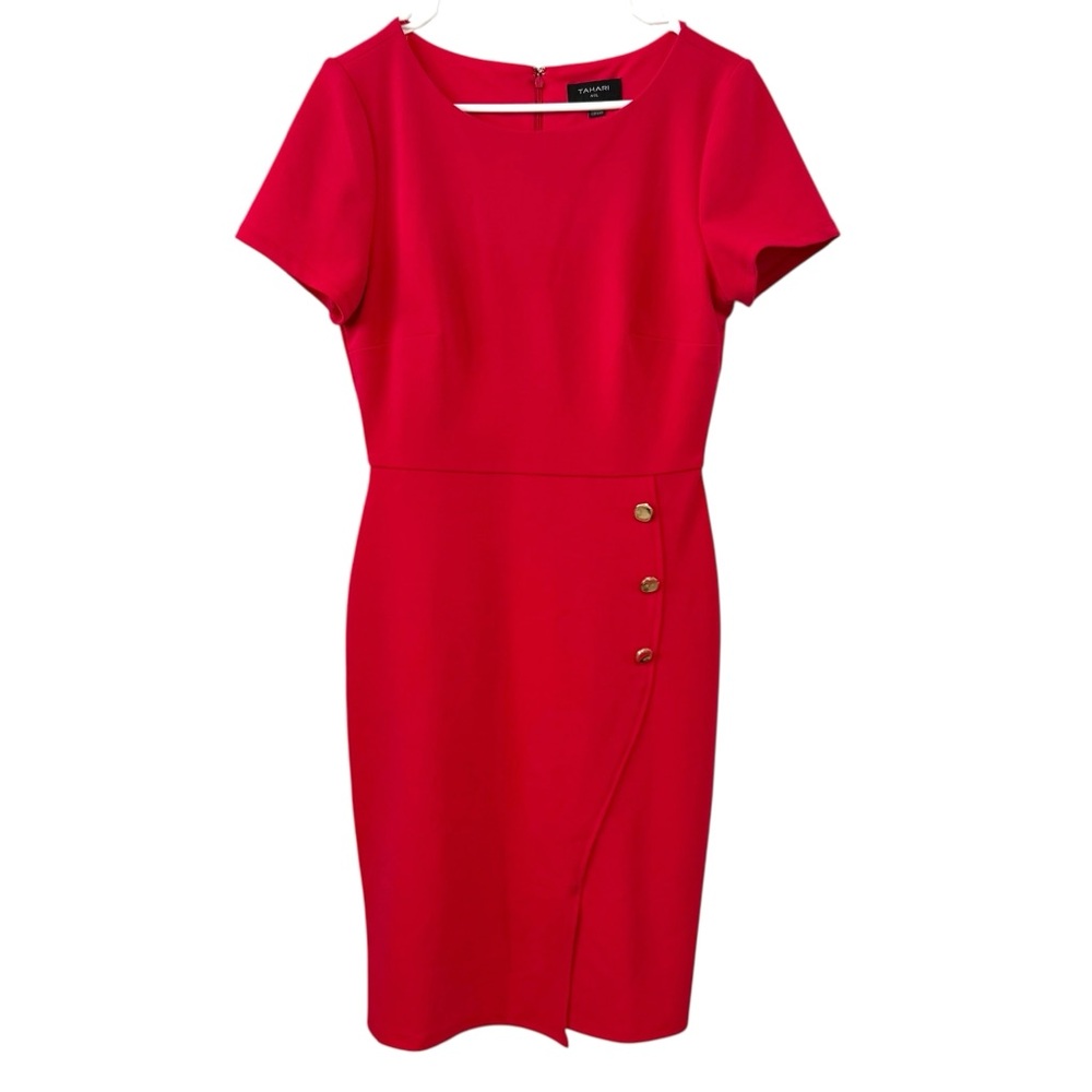 Tahari ASL 4 Red Short Sleeve Sheath Dress Career Work Office Modest Midi